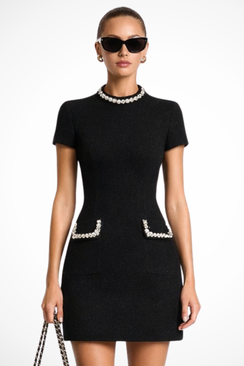 Women's Pearl Trim Mini Dress with Pocket Detail Chic Summer Formal 0