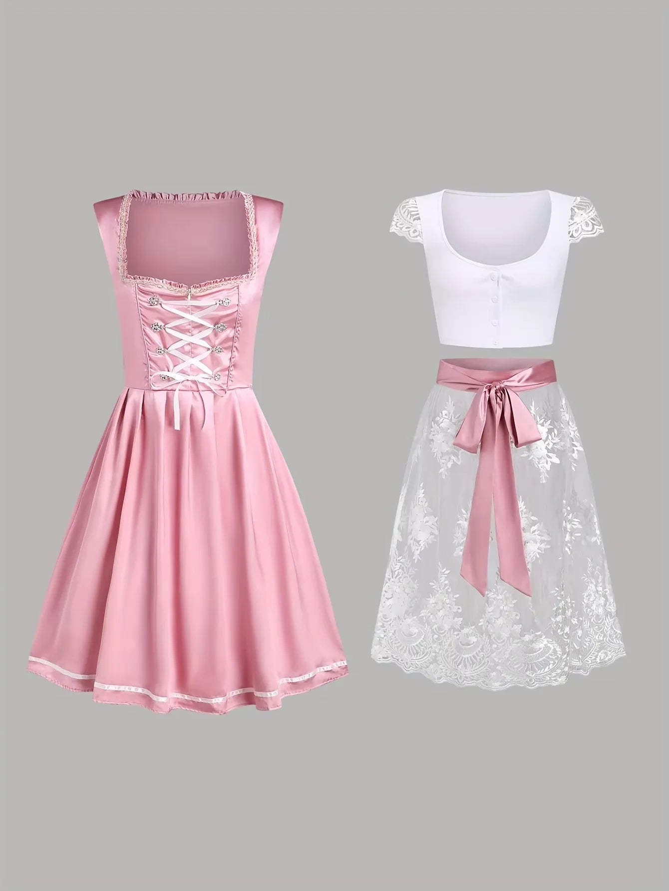 Women's Pink Bavarian Dirndl Dress Oktoberfest Traditional Style 3