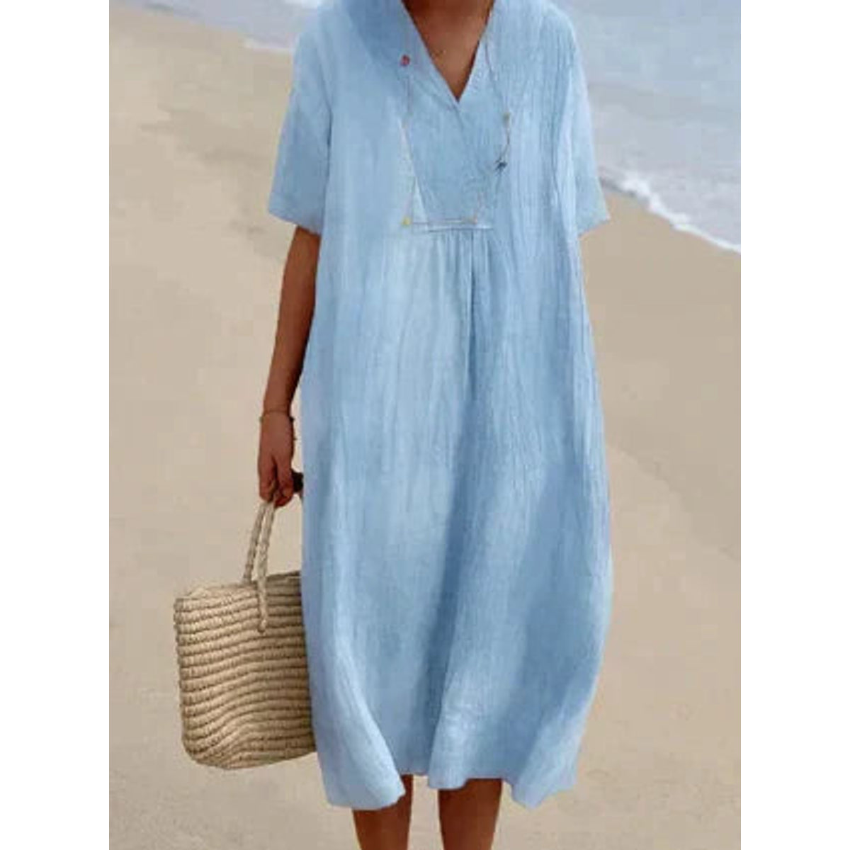 Women's Relaxed Fit V-Neck Dress Summer Lightweight Short Sleeve 0
