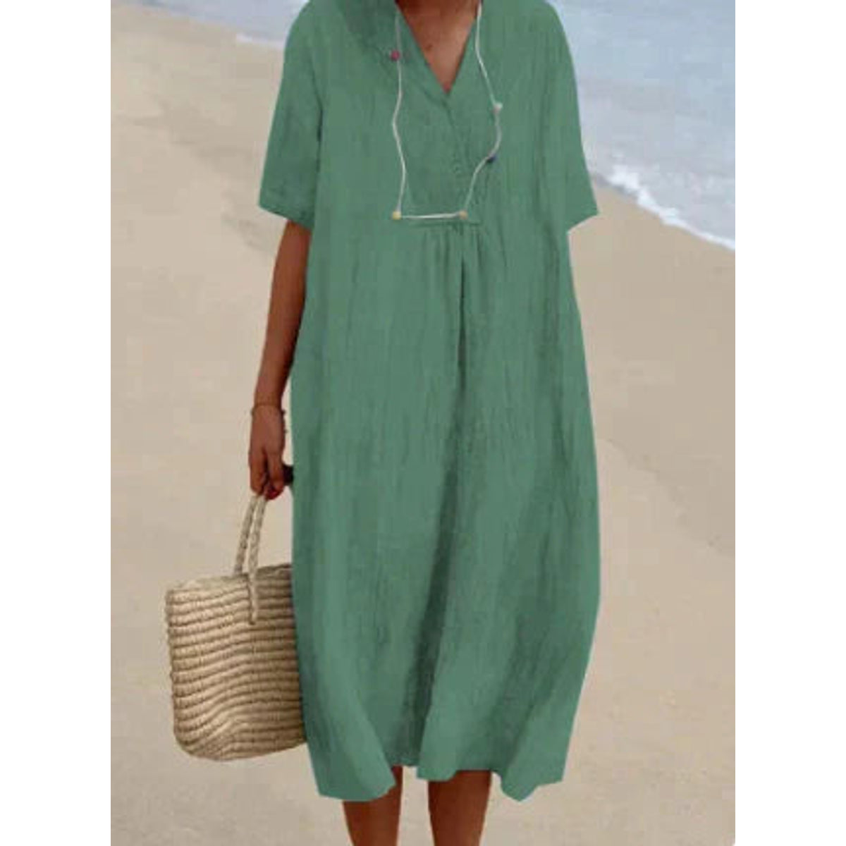 Women's Relaxed Fit V-Neck Dress Summer Lightweight Short Sleeve 2