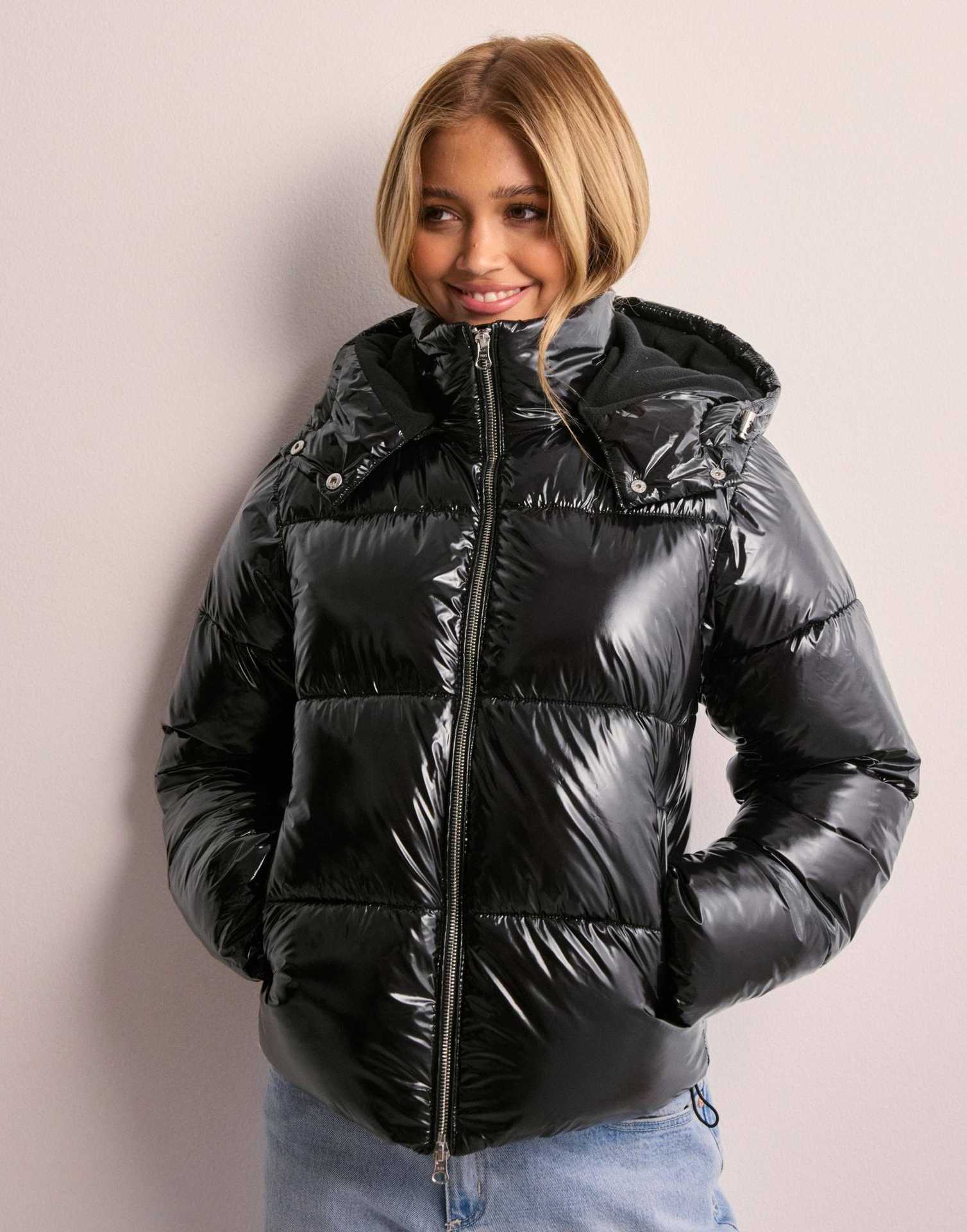 Women's Shiny Quilted Puffer Jacket with Removable Hood Stylish Comfort 0