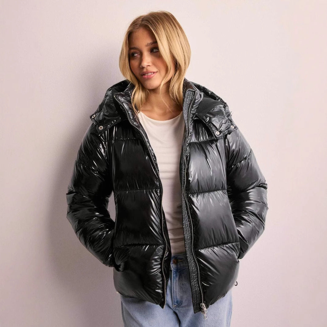Women's Shiny Quilted Puffer Jacket with Removable Hood Stylish Comfort 1