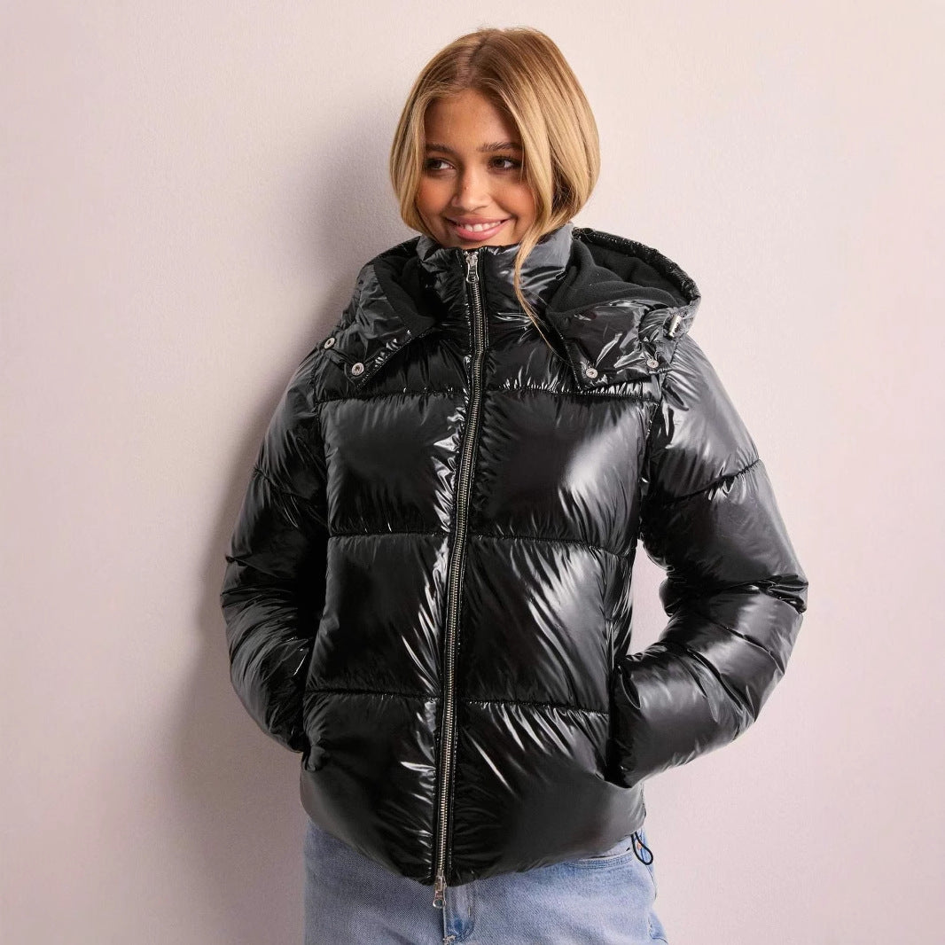 Women's Shiny Quilted Puffer Jacket with Removable Hood Stylish Comfort 2