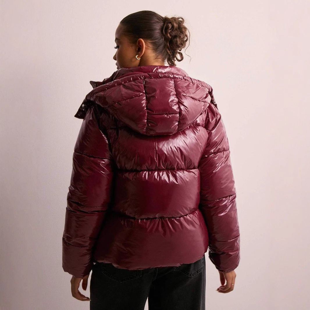 Women's Shiny Quilted Puffer Jacket with Removable Hood Stylish Comfort 4