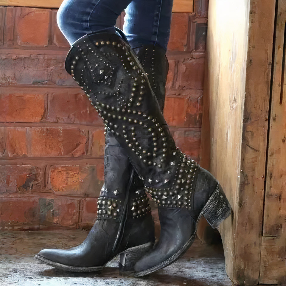Women's Studded Cowboy Boots Chunky Heel Stylish Western Footwear 1