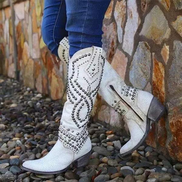 Women's Studded Cowboy Boots Chunky Heel Stylish Western Footwear 3
