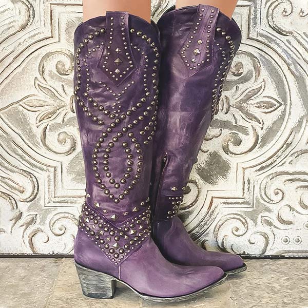 Women's Studded Cowboy Boots Chunky Heel Stylish Western Footwear 4