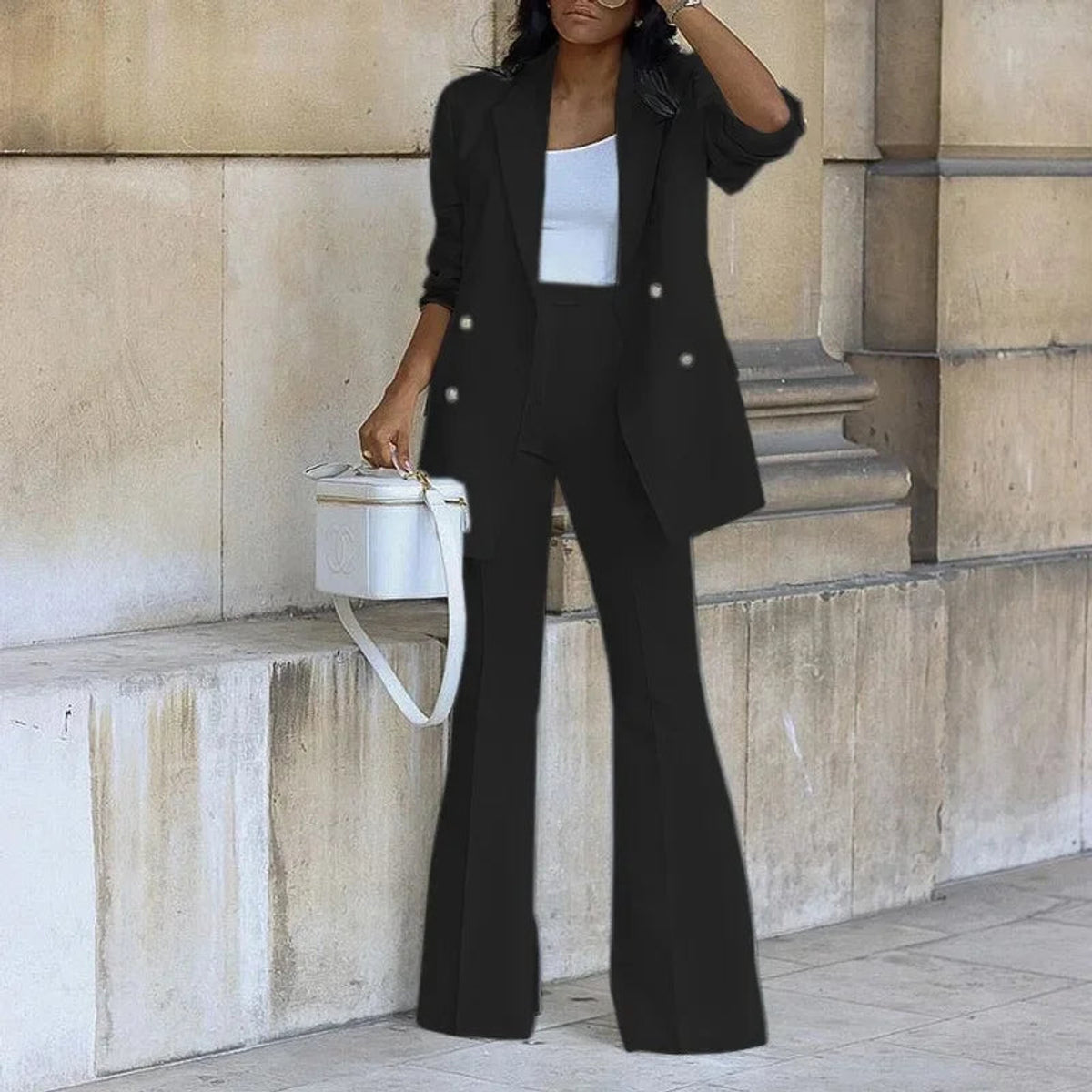 Women's Suit Tailored Long Blazer and High-Waist Trousers Pant Suit Set 3