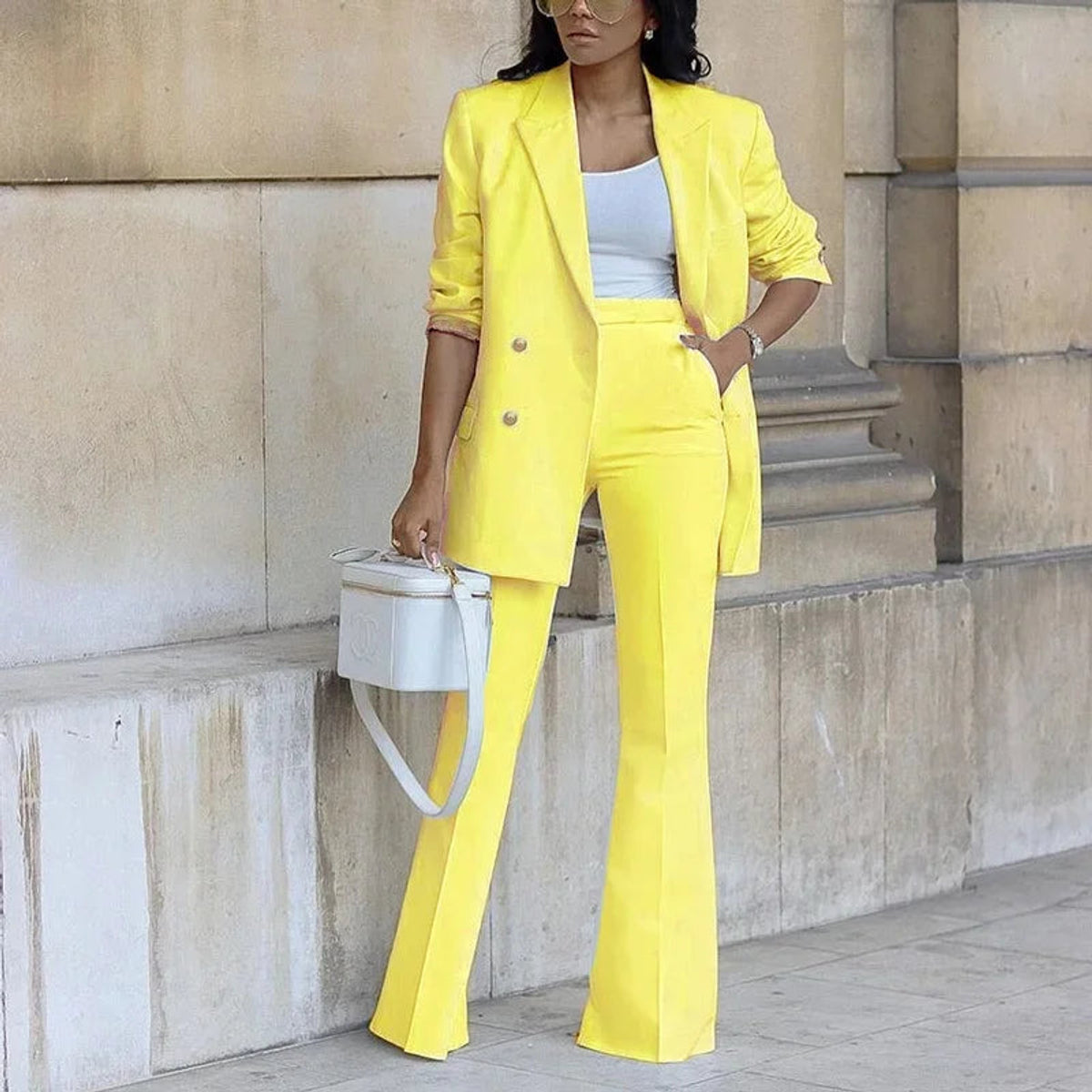 Women's Suit Tailored Long Blazer and High-Waist Trousers Pant Suit Set 4