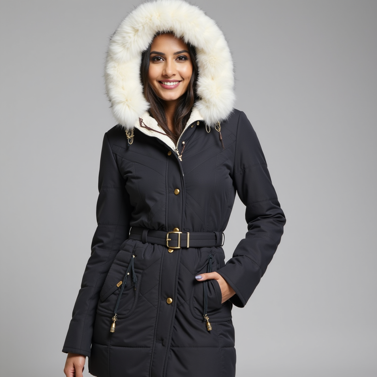 Women's Winter Parka Faux Fur Hood Belted Design Casual Coat 1
