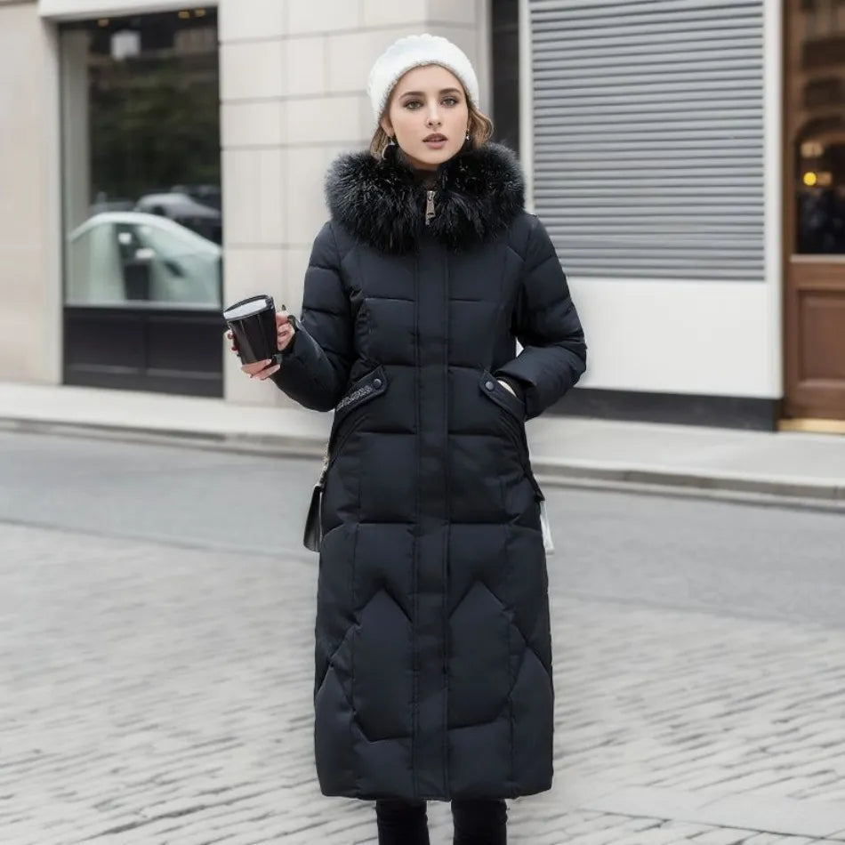 Women's Winter Quilted Coat with Hood Trim Elegant Design 5
