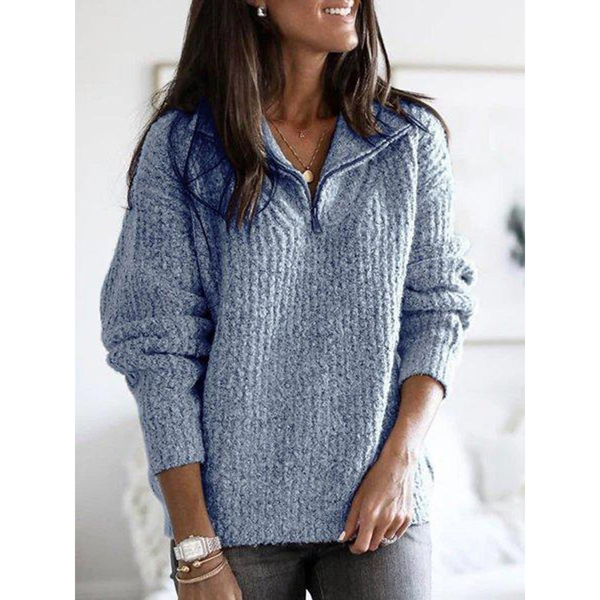 Zip-Up Ribbed Sweater Women Cozy Layering Stylish Fit 2