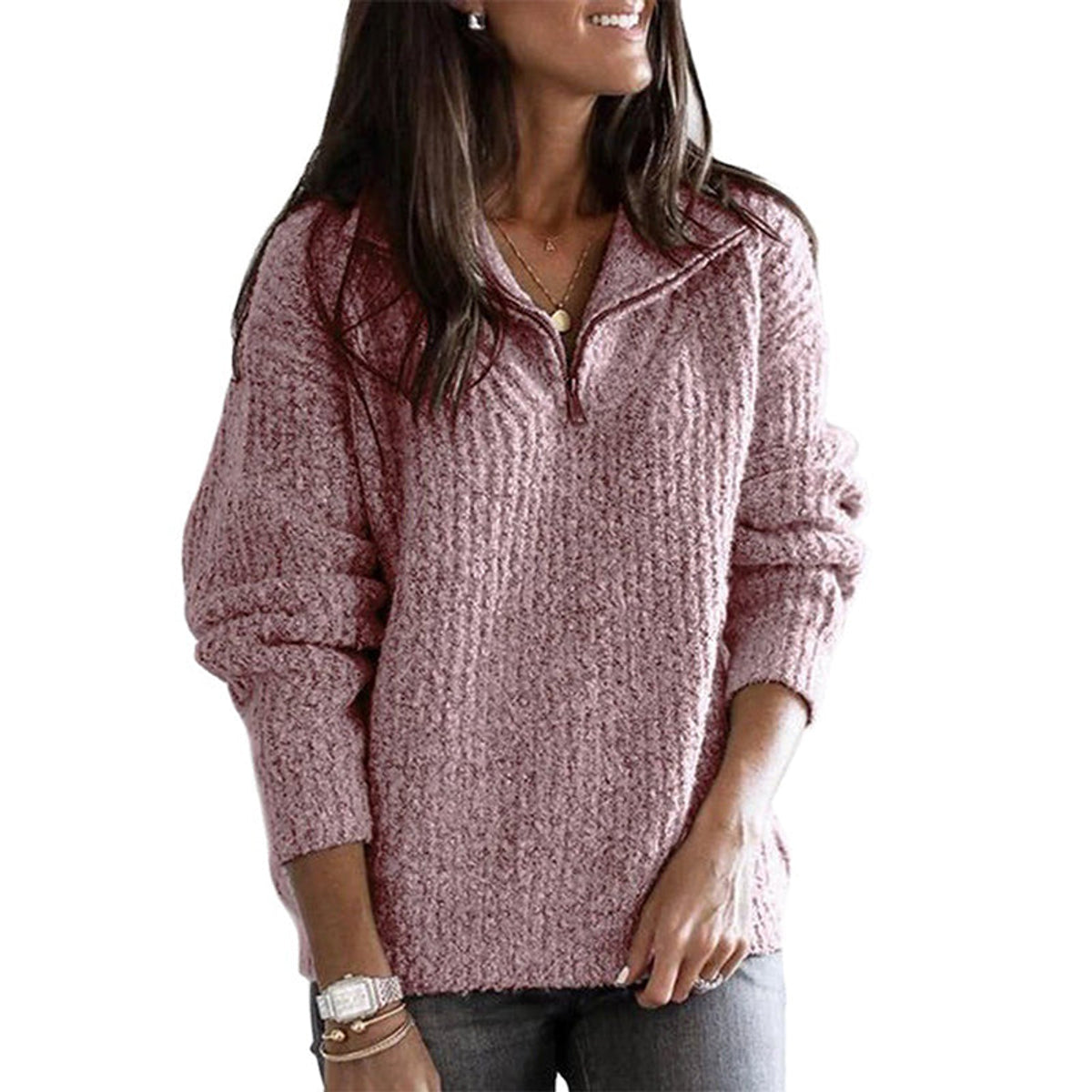 Zip-Up Ribbed Sweater Women Cozy Layering Stylish Fit 5