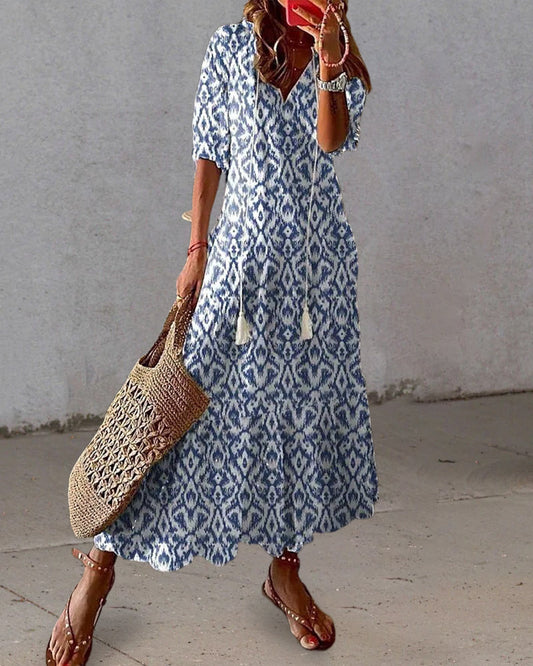 A-Line Maxi Dress Women Elegant V-Neck Summer Style Casual 0