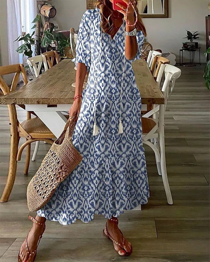 A-Line Maxi Dress Women Elegant V-Neck Summer Style Casual 1