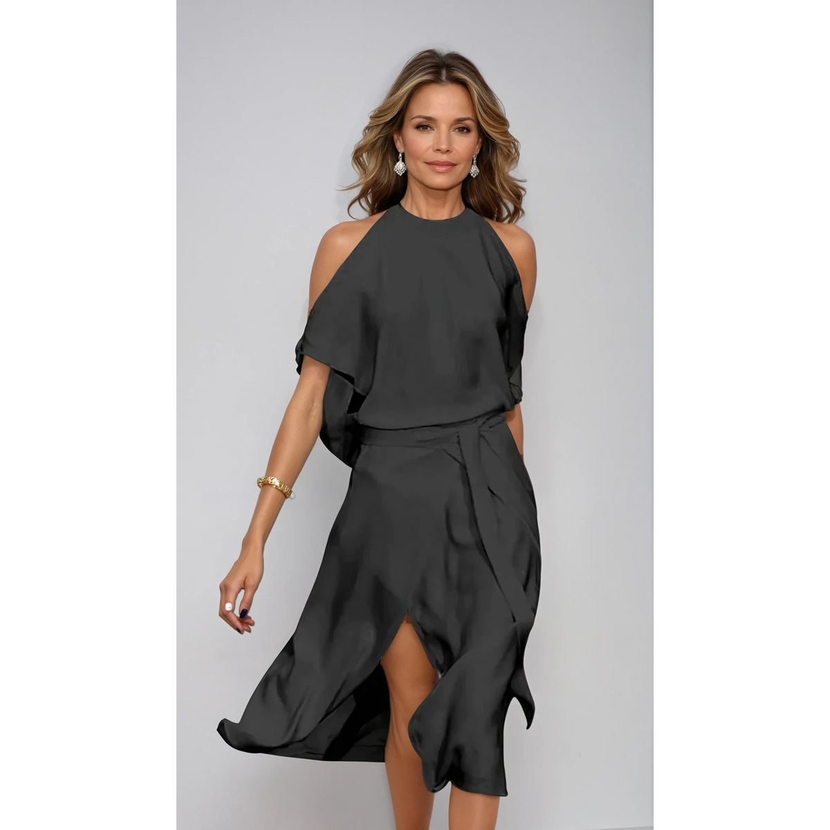 Asymmetrical Midi Dress Off-Shoulder Design Flattering Fit Elegant Style 2