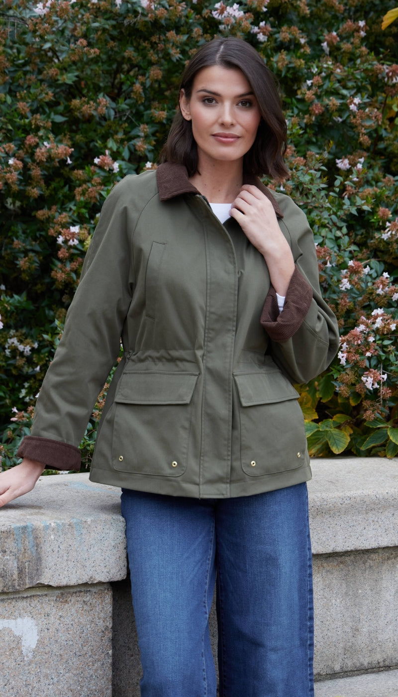 Barn Jacket with Corduroy Trims Adjustable Waist Casual Style 1