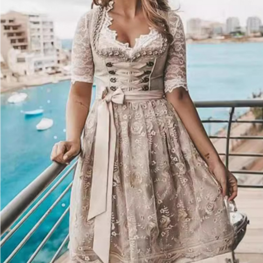 Beige Dirndl Dress Women Elegant Traditional Oktoberfest Style 0