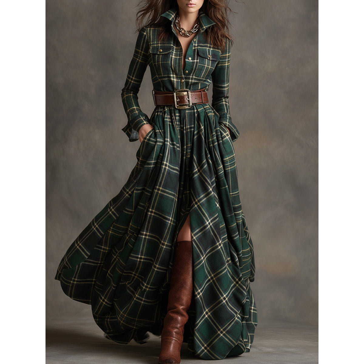 Belted Shirt Dress Women Classic Plaid Elegant Summer Style 0