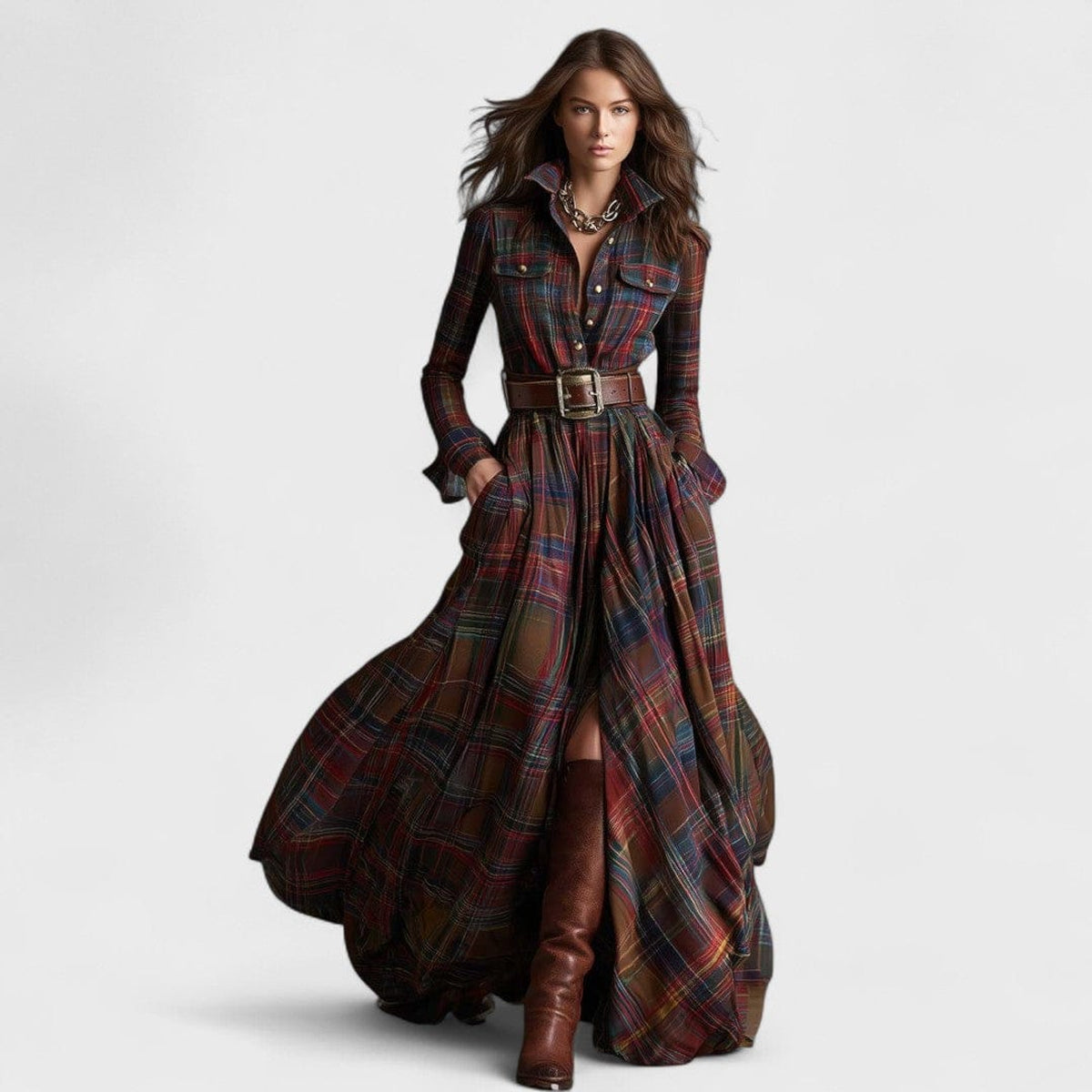 Gürtelkleid Damen Klassisches Karo Eleganter Sommerstil