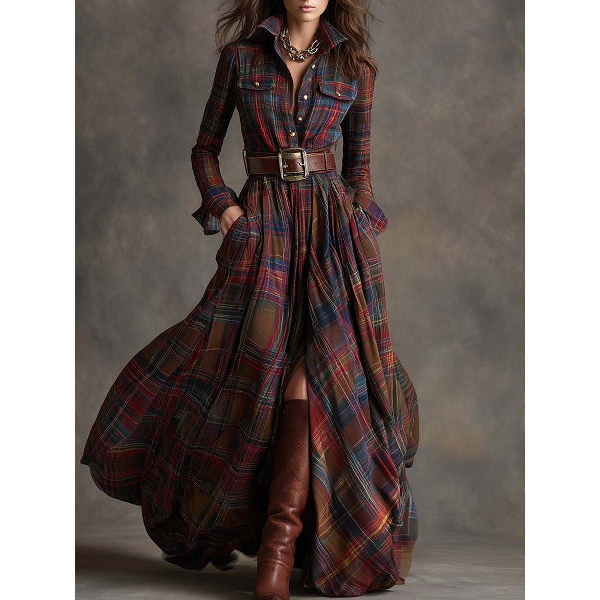 Belted Shirt Dress Women Classic Plaid Elegant Summer Style 3