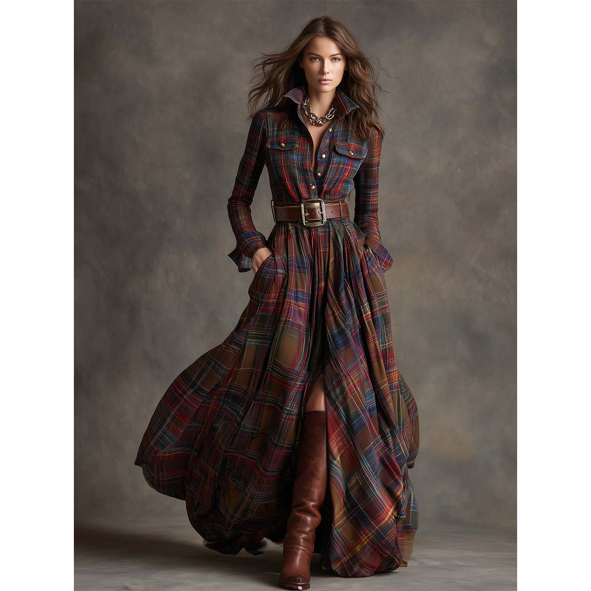 Belted Shirt Dress Women Classic Plaid Elegant Summer Style 5