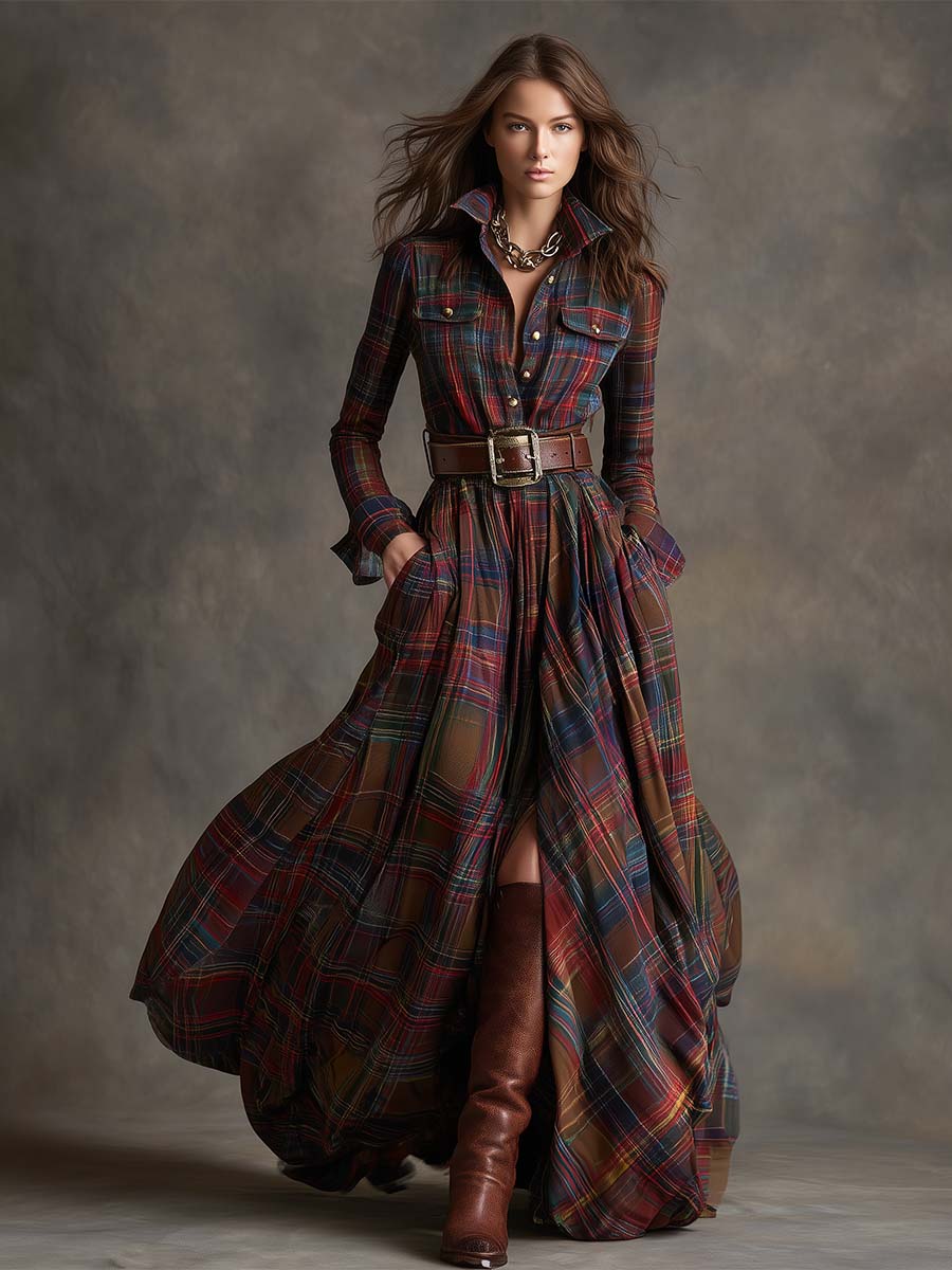 Belted Shirt Dress Women Classic Plaid Elegant Summer Style 5