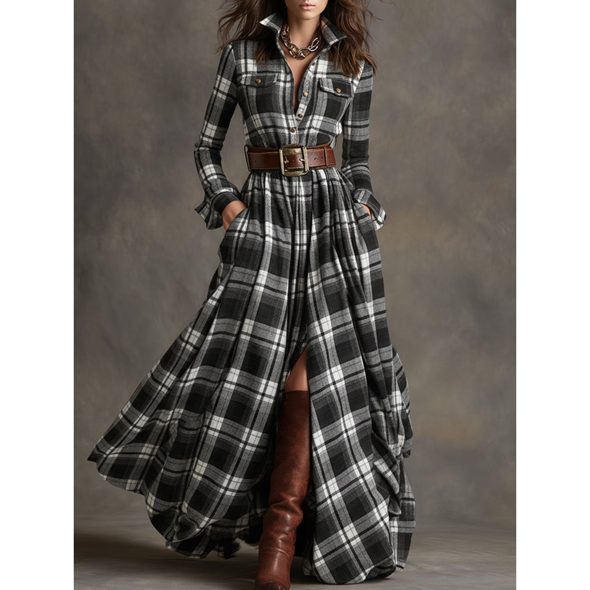 Belted Shirt Dress Women Classic Plaid Elegant Summer Style 6