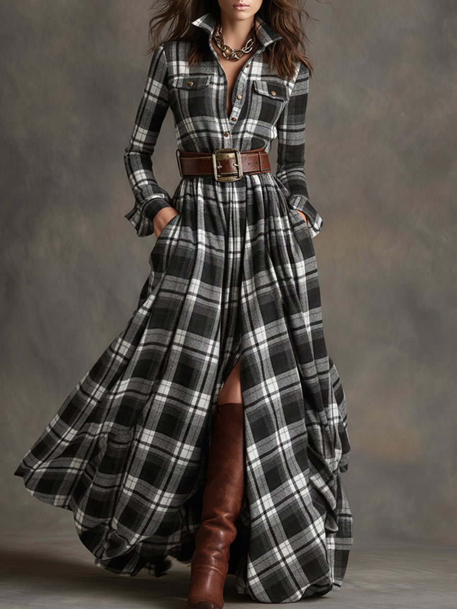 Belted Shirt Dress Women Classic Plaid Elegant Summer Style 6