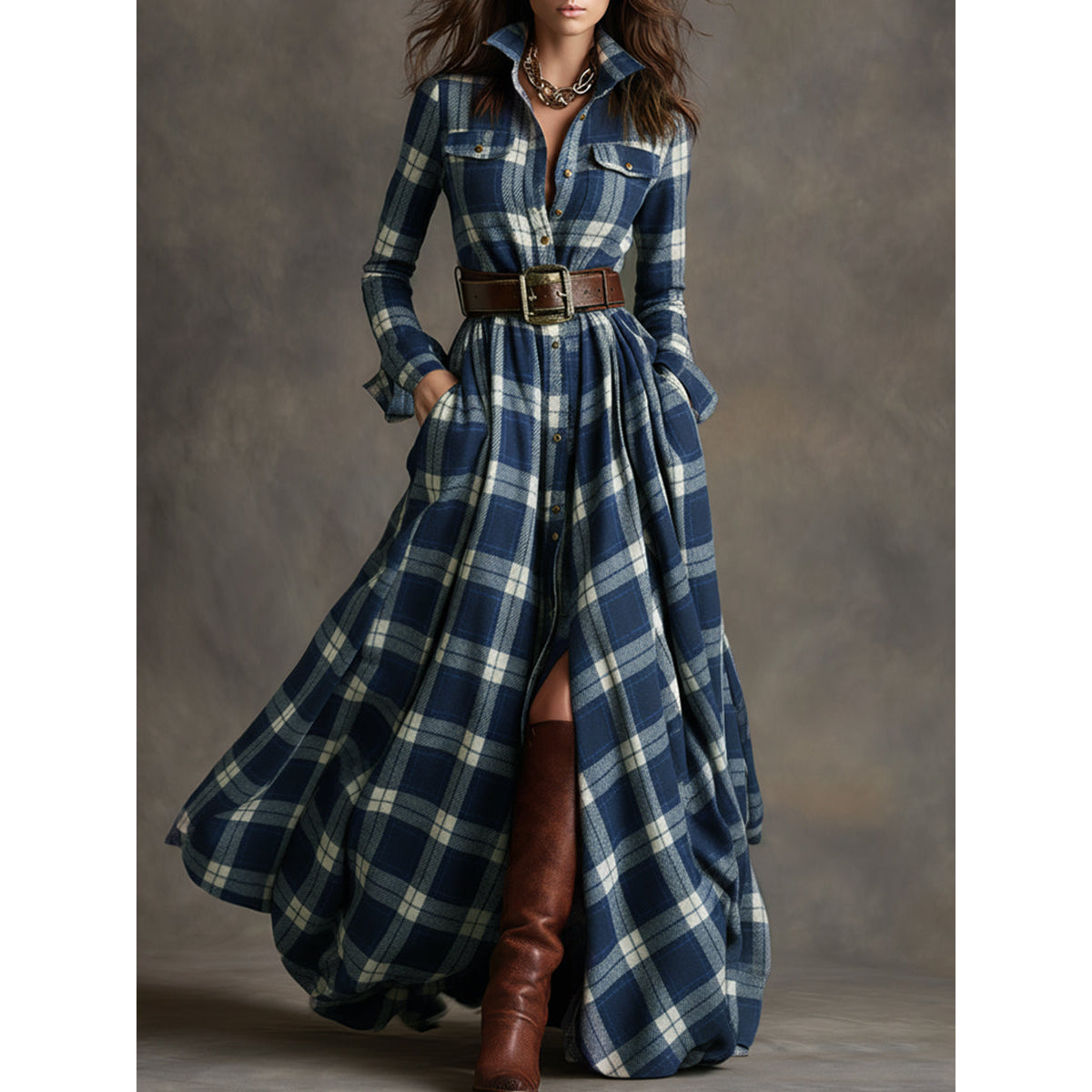 Belted Shirt Dress Women Classic Plaid Elegant Summer Style 7