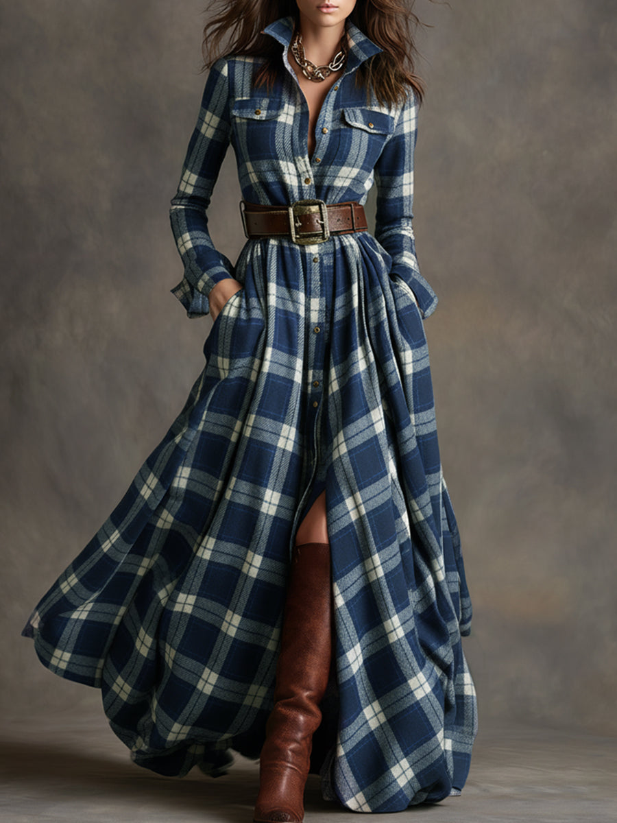 Belted Shirt Dress Women Classic Plaid Elegant Summer Style 7