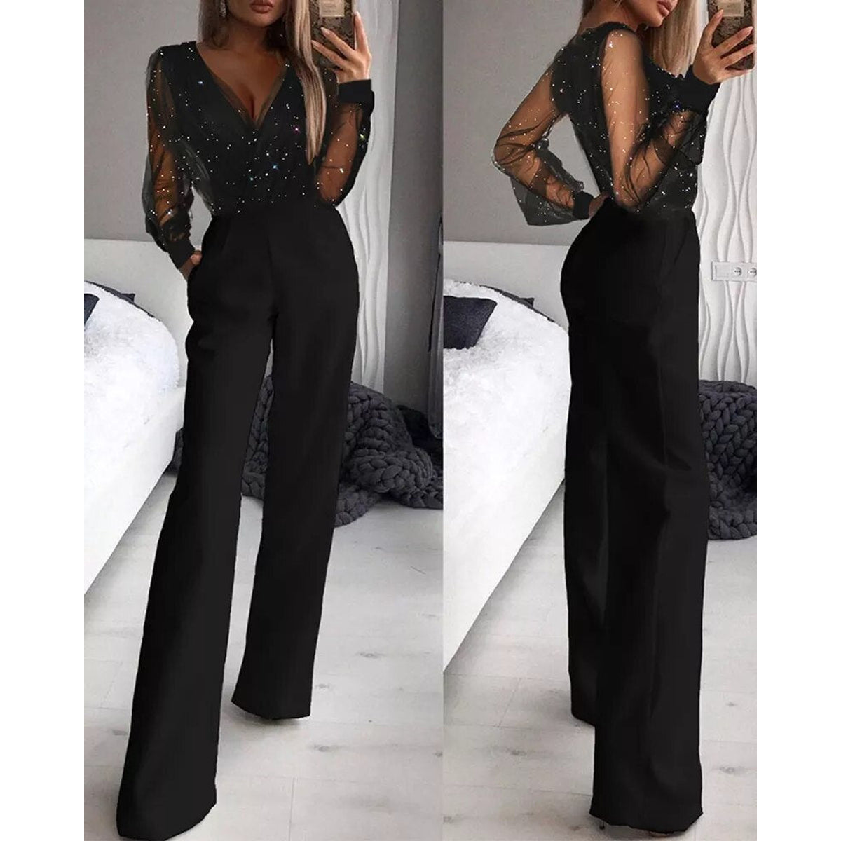 Black Jumpsuit Women Casual Elegant Solid Color Regular Fit 0