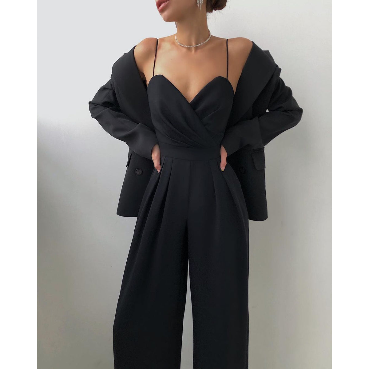 Black Jumpsuit Women Elegant Wide Leg Overall Casual Chic 1