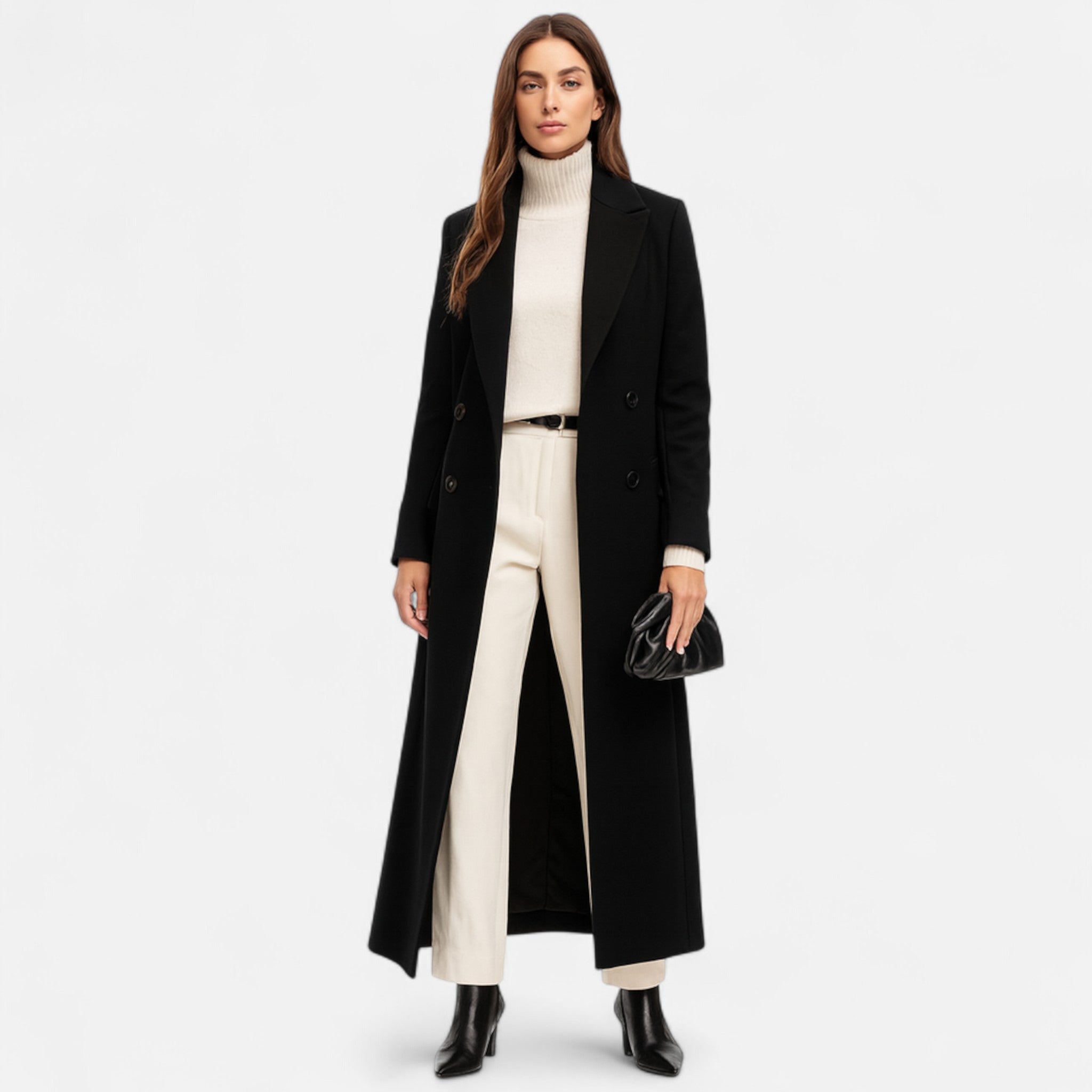 Black Maxi Coat Women Longline Tailored Winter Outerwear Elegant 2