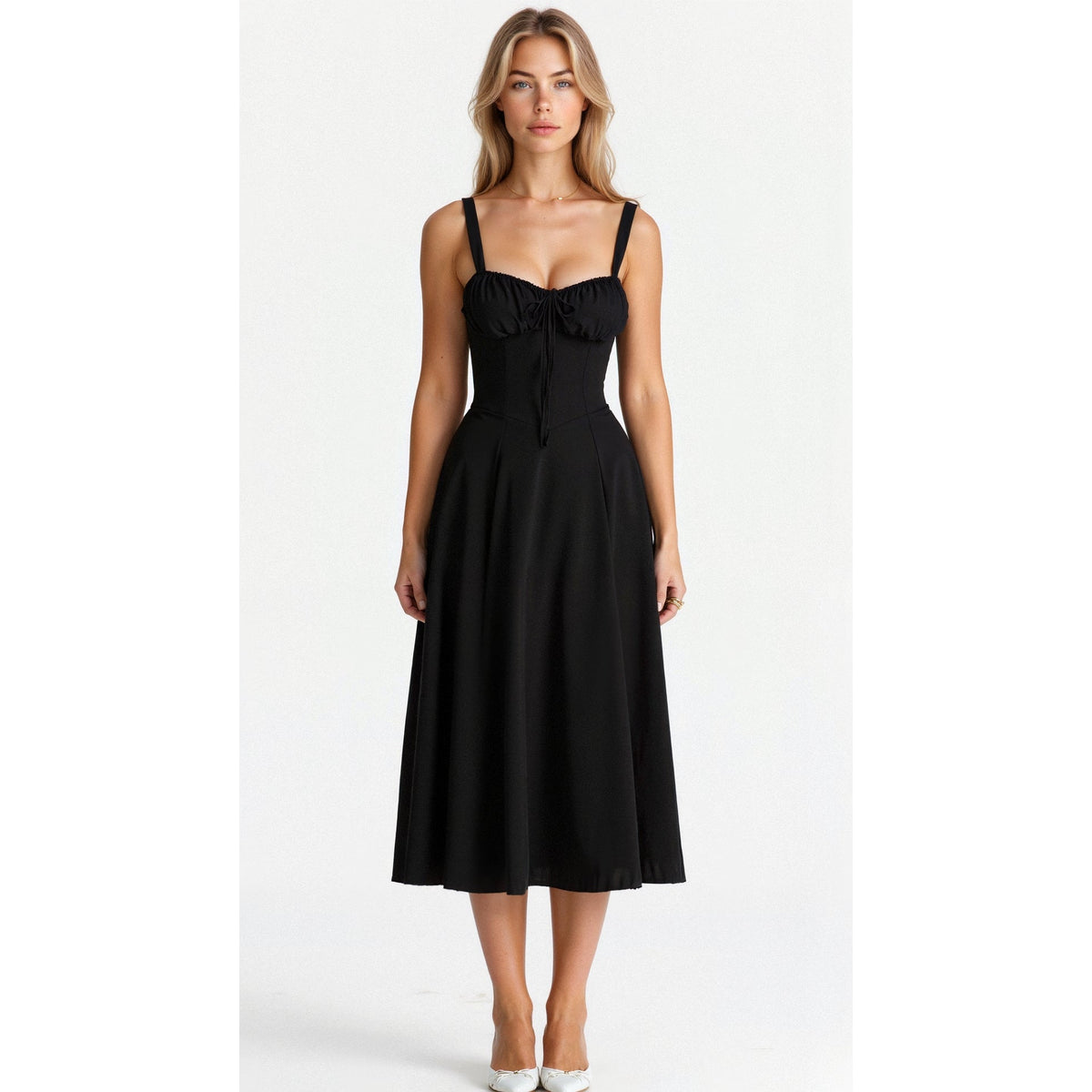 Black Midi Dress Women Elegant Corset Fit Long Sleeve Satin Style 2