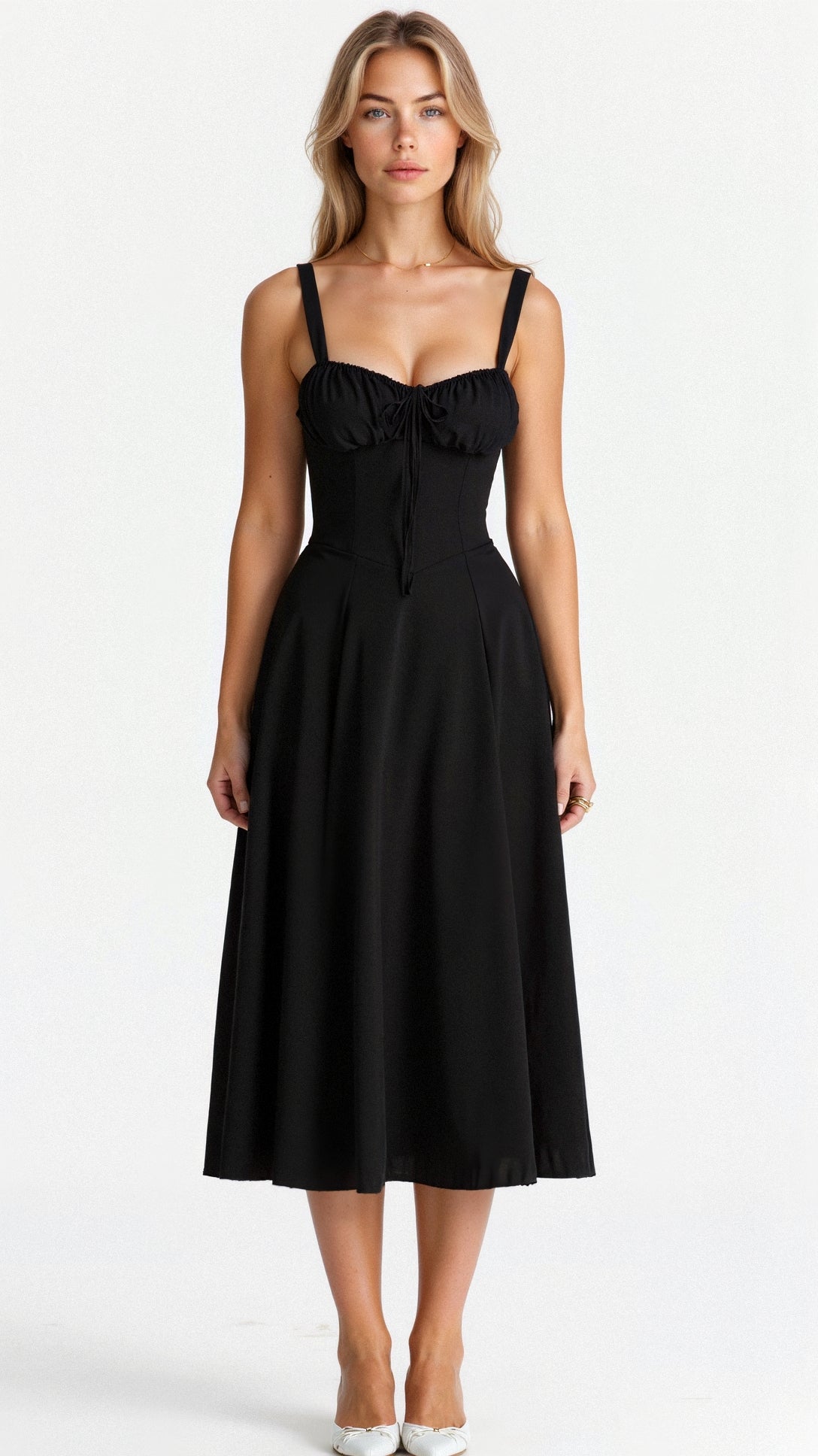 Black Midi Dress Women Elegant Corset Fit Long Sleeve Satin Style 2