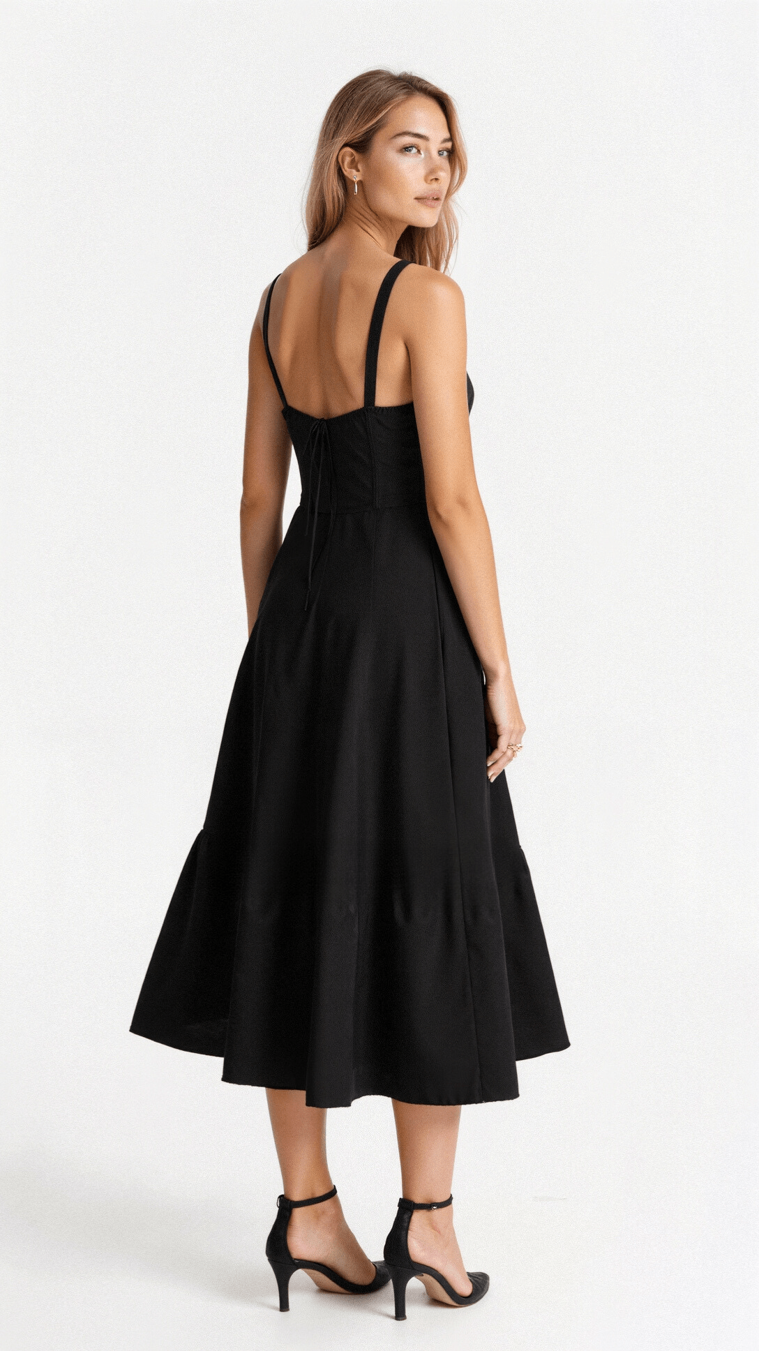 Black Midi Dress Women Elegant Corset Fit Long Sleeve Satin Style 3