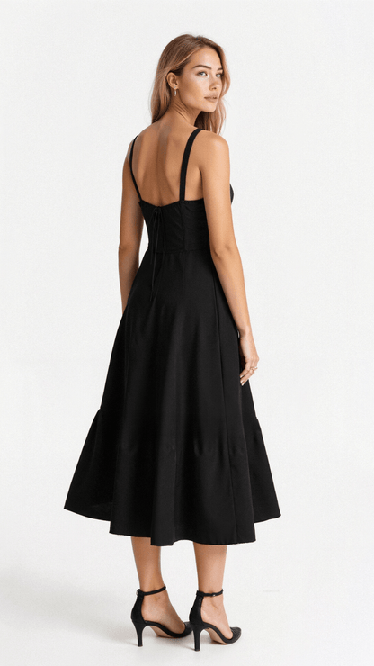 Black Midi Dress Women Elegant Corset Fit Long Sleeve Satin Style 3