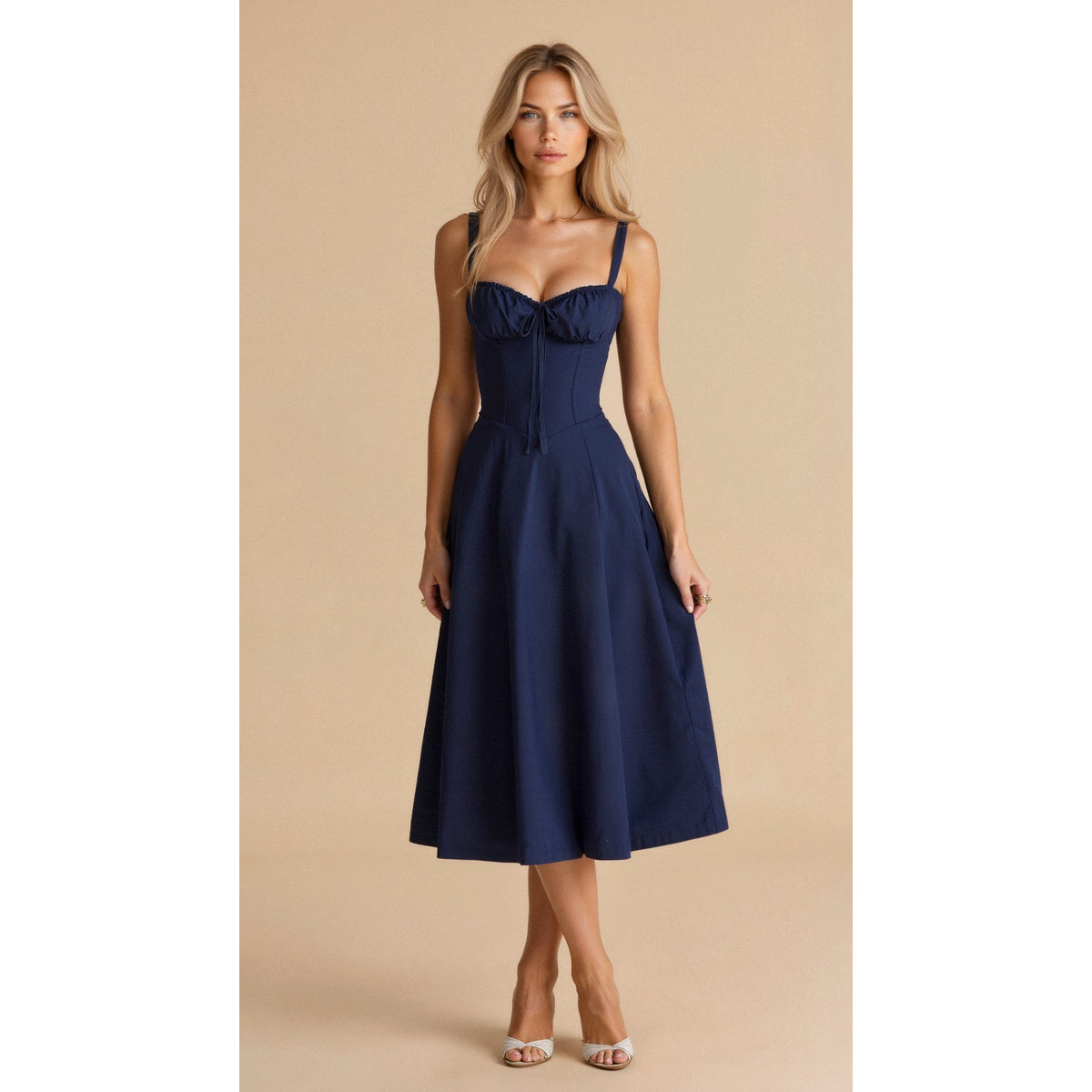 Black Midi Dress Women Elegant Corset Fit Long Sleeve Satin Style 9