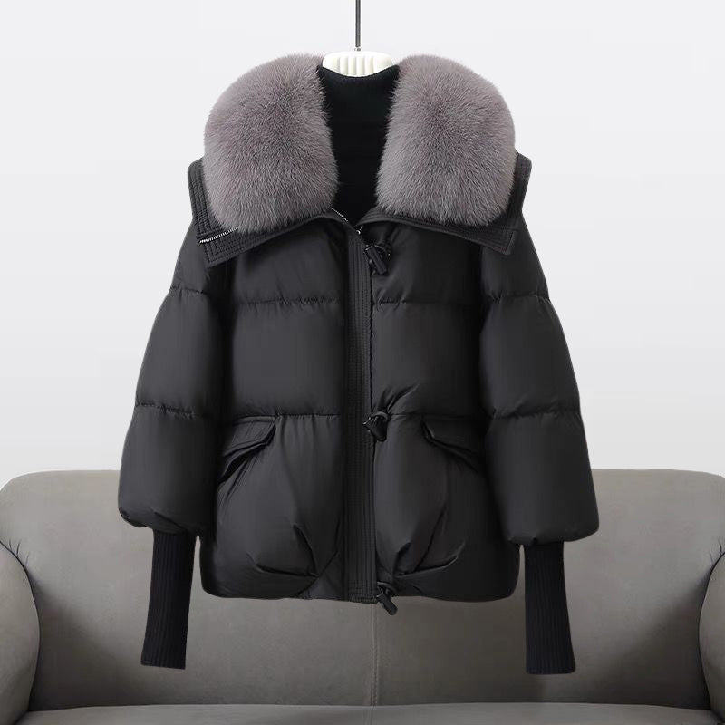 Black Puffer Jacket Women Extended Length Luxurious Fur Collar 0