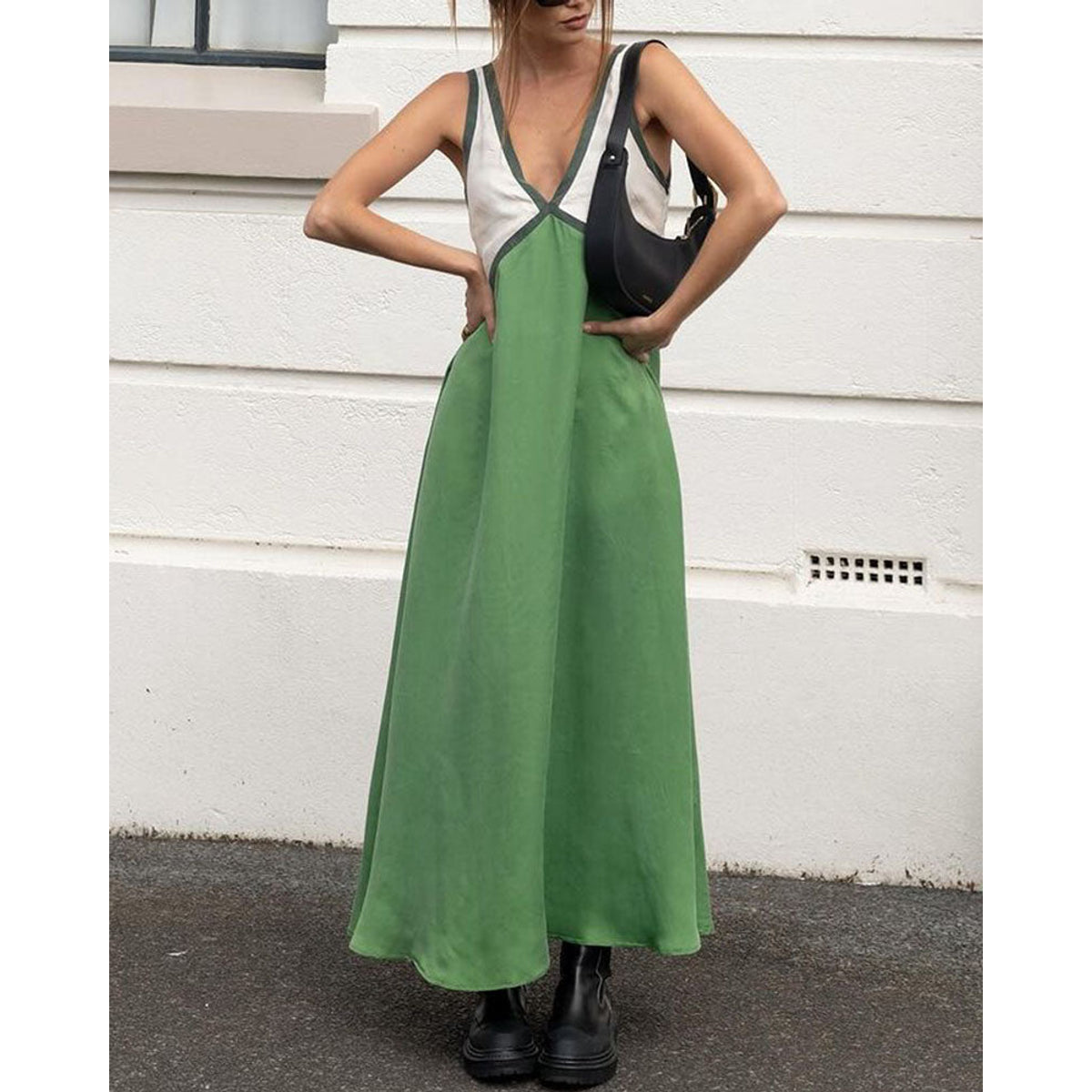 Bold Contrast Maxi Dress V-Neck Elegant Chic Style for Women 3