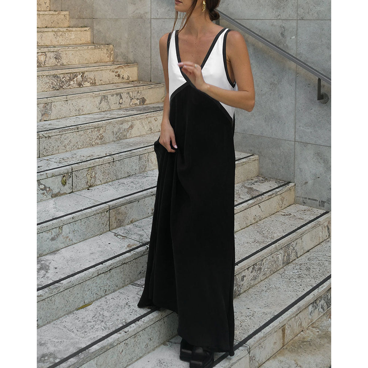 Bold Contrast Maxi Dress V-Neck Elegant Chic Style for Women 6