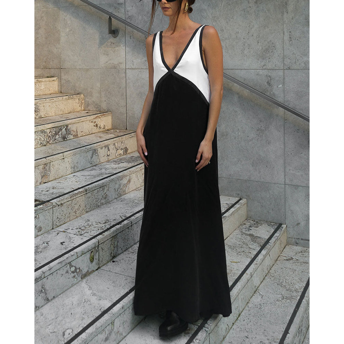 Bold Contrast Maxi Dress V-Neck Elegant Chic Style for Women 7