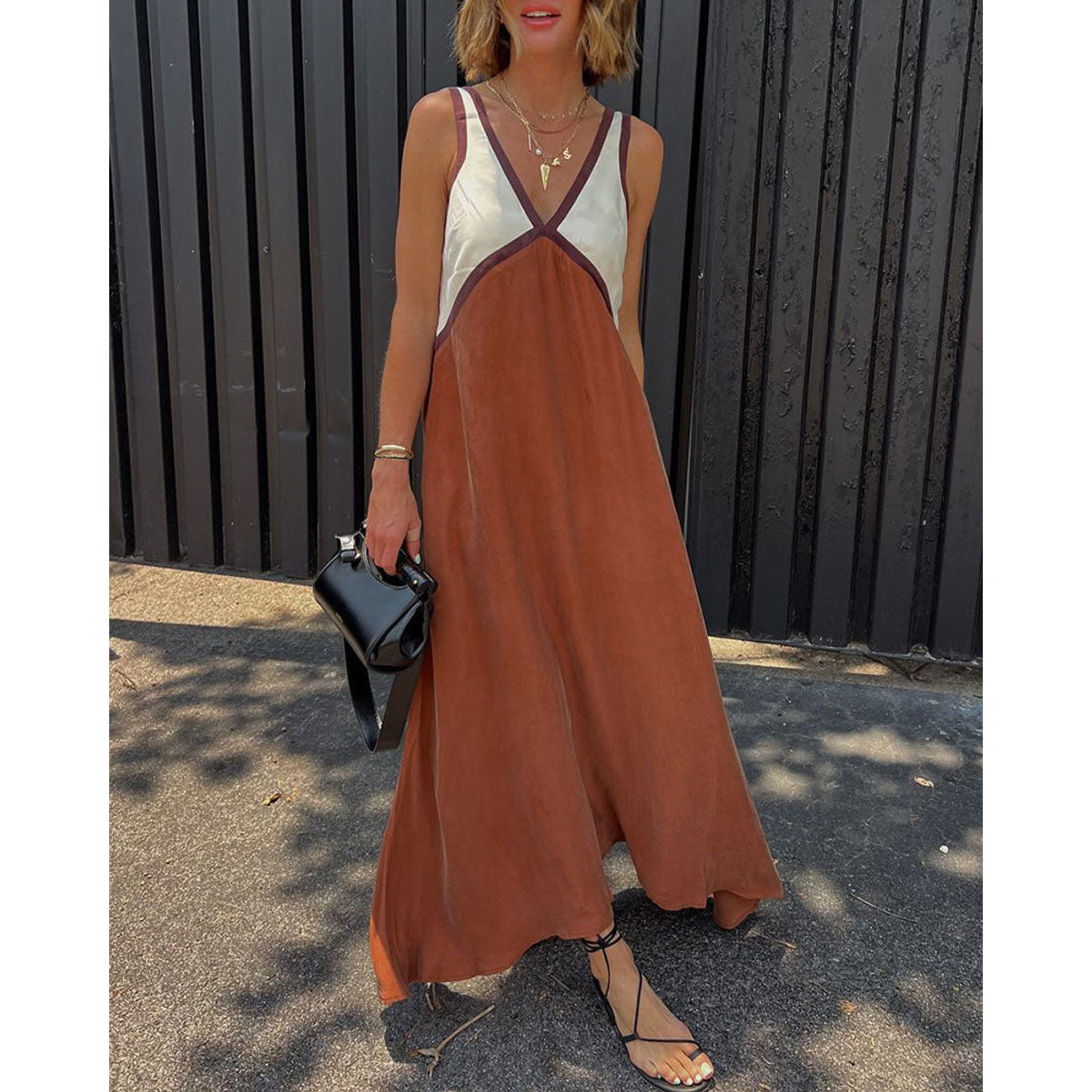 Bold Contrast Maxi Dress V-Neck Elegant Chic Style for Women 9