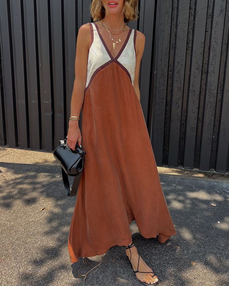 Bold Contrast Maxi Dress V-Neck Elegant Chic Style for Women 9
