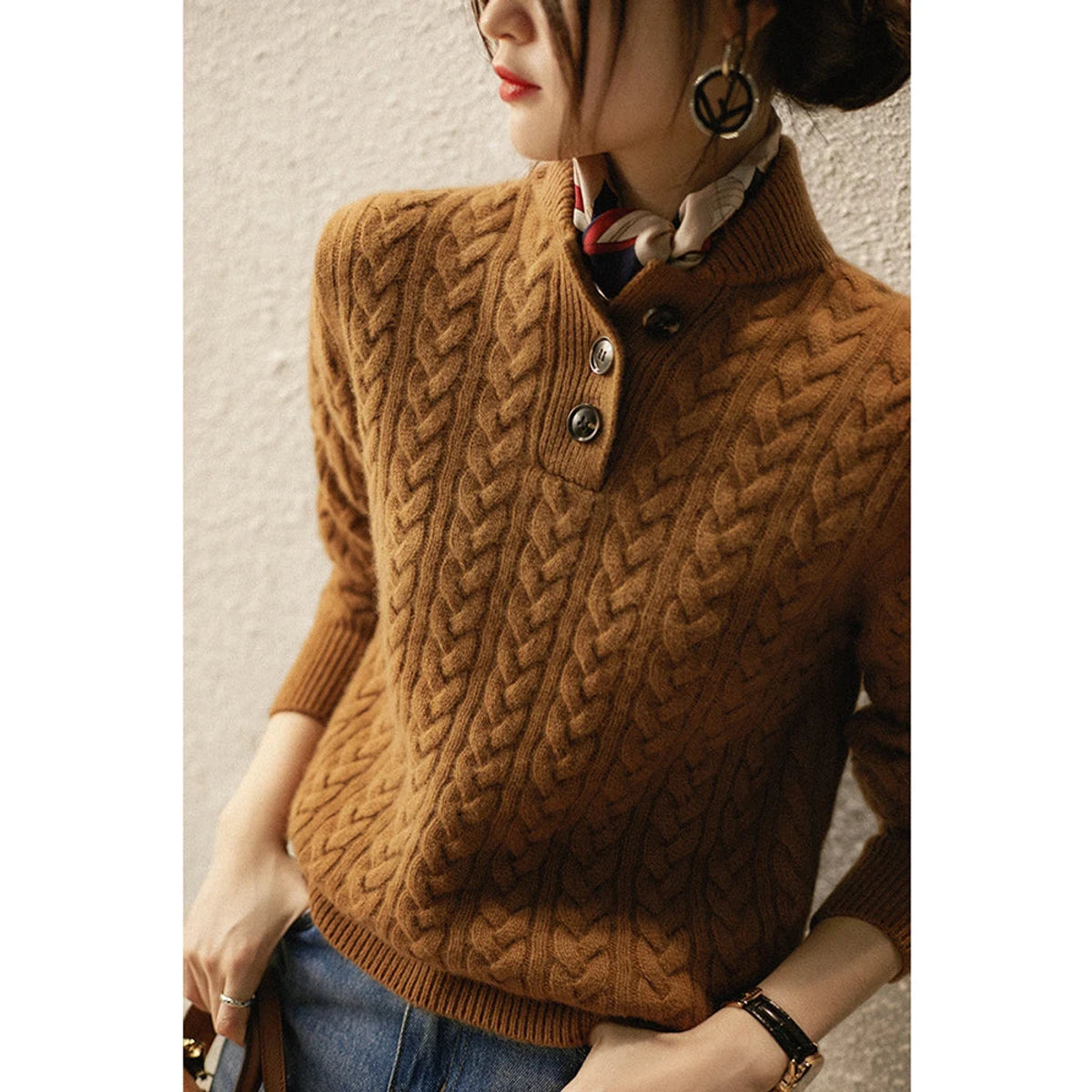 Cashmere Sweater Women Cable-Knit Button-Up Cozy Chic Warmth 2
