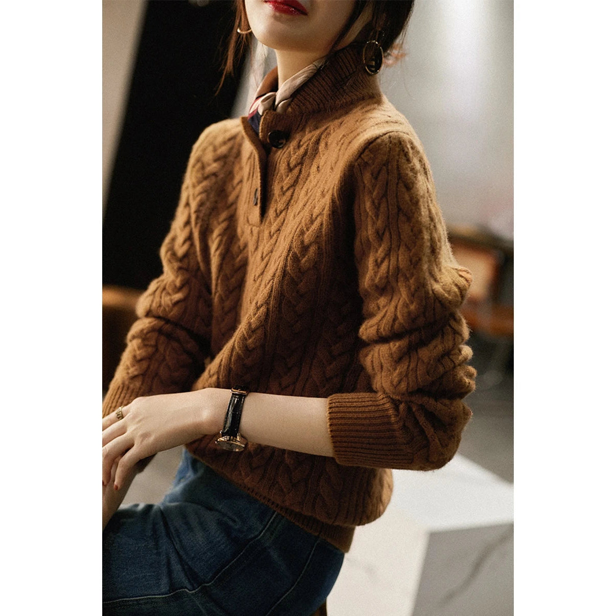 Cashmere Sweater Women Cable-Knit Button-Up Cozy Chic Warmth 3