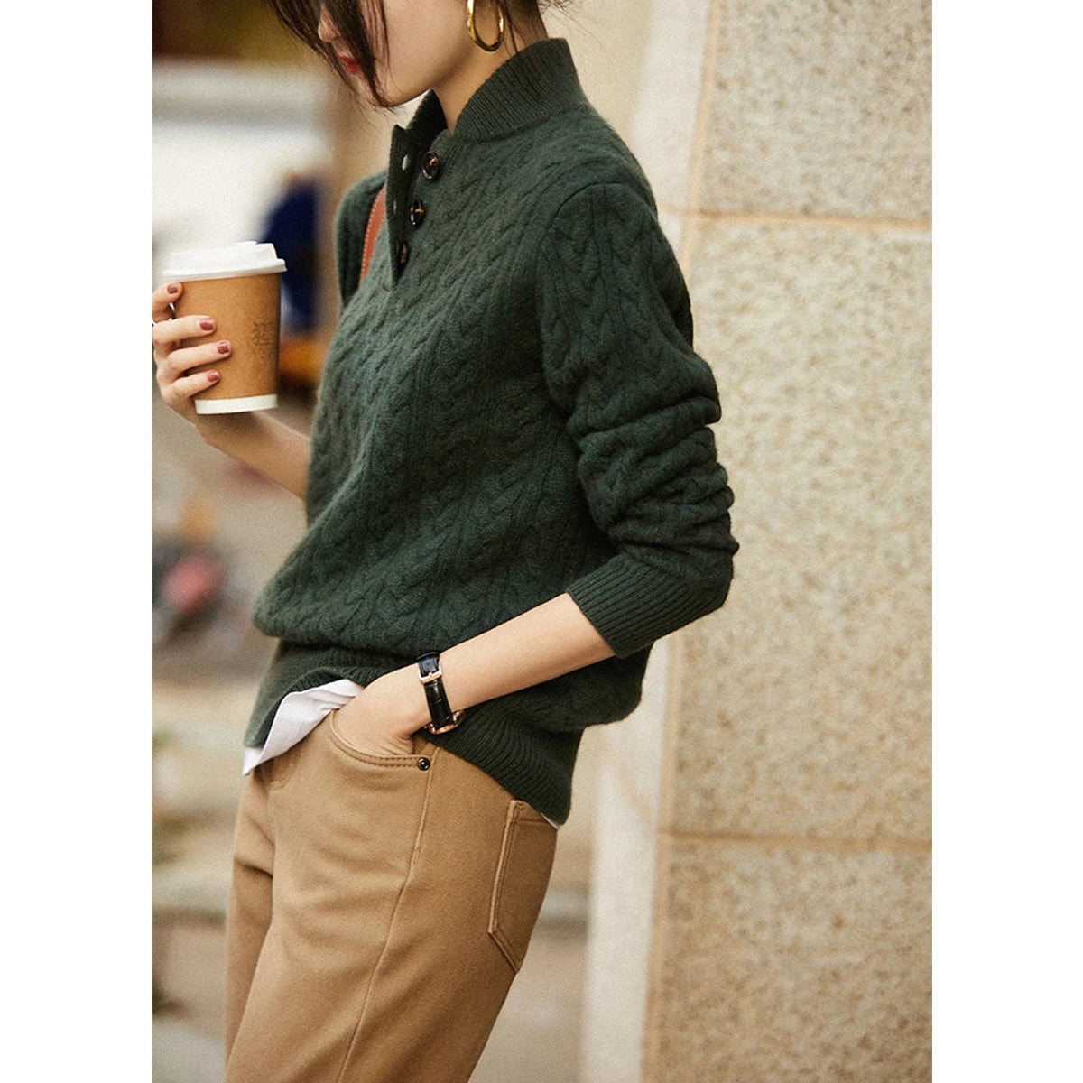 Cashmere Sweater Women Cable-Knit Button-Up Cozy Chic Warmth 6