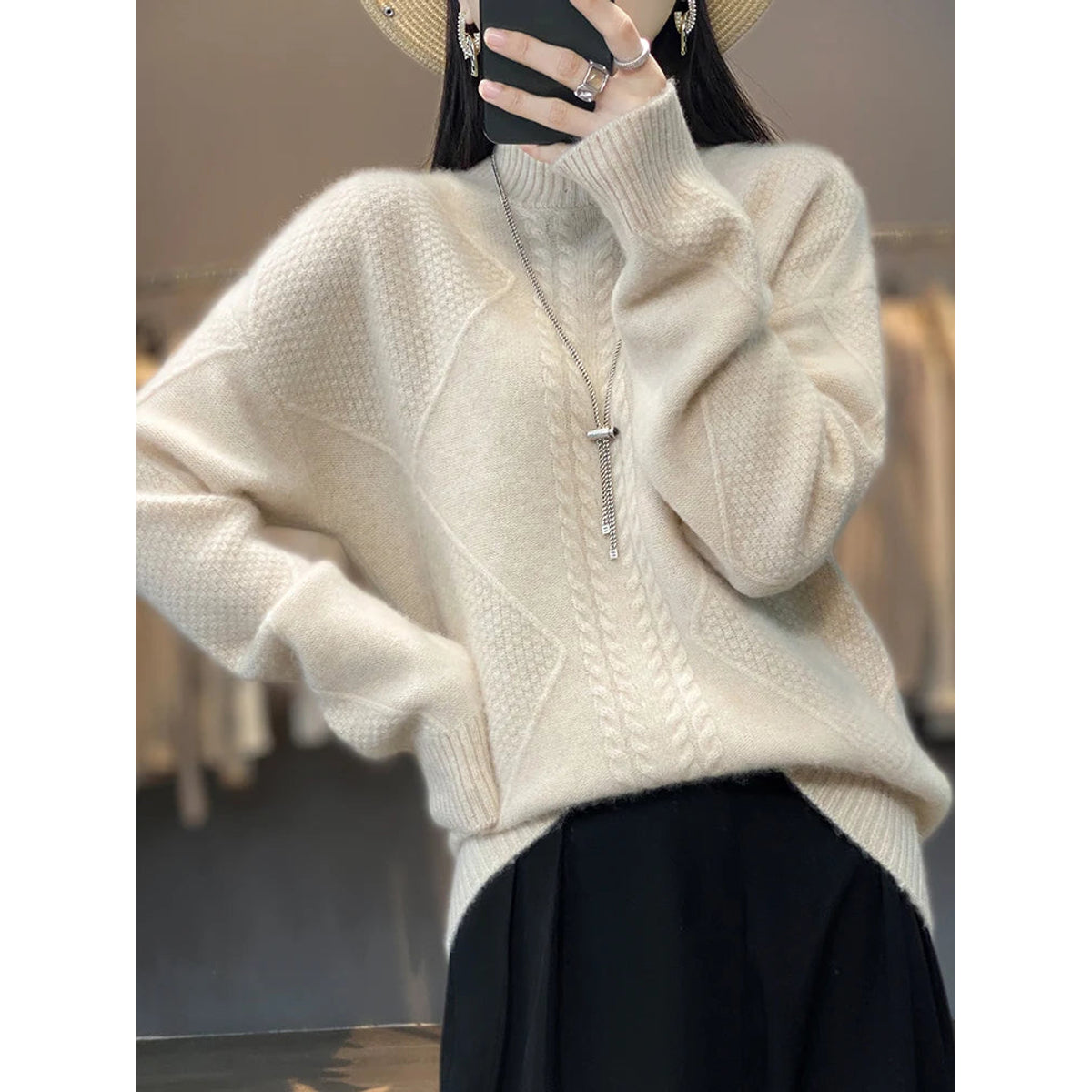 Cashmere Sweater Women Timeless Turtleneck Cable-Knit Design 1