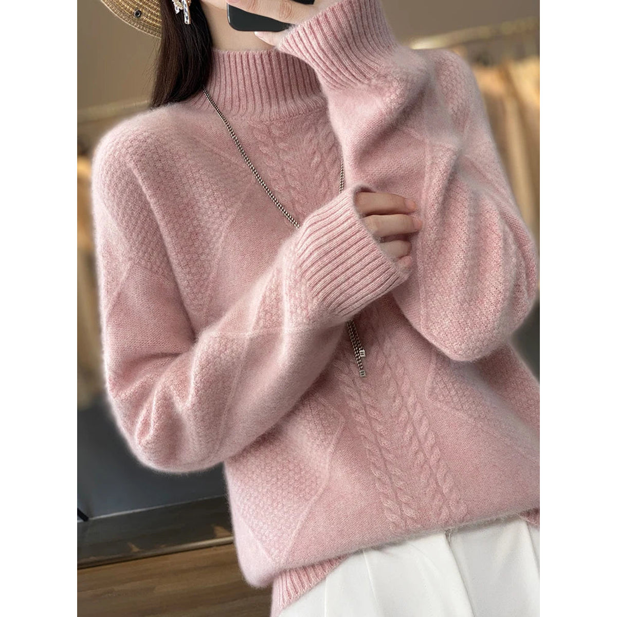 Cashmere Sweater Women Timeless Turtleneck Cable-Knit Design 2